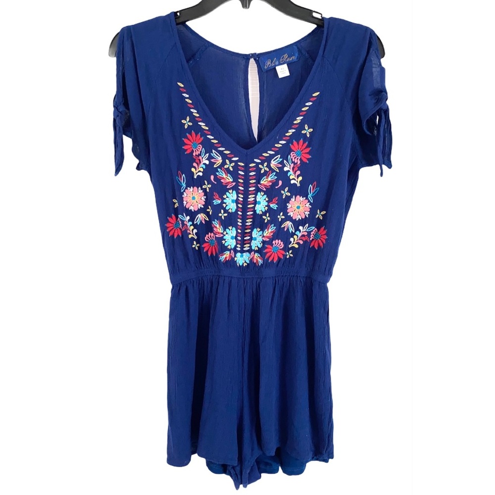 BLUE RAIN Blue Embroidered Floral Romper Size Extra Small